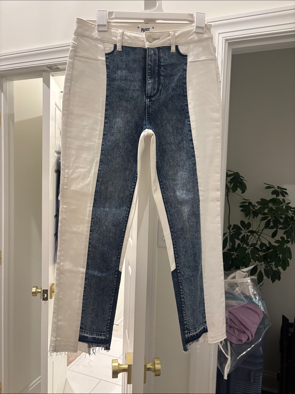 PAIGE Two-Tone Skinny Jeans in Dark Blue and White